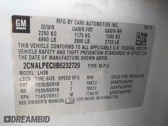 2011 Chevrolet Equinox 2LT with VIN 2CNALPEC8B6232729, listed as a IAAI auction lot 42913270 with 122,017 mi miles and . Bid and sale history available at DreamBid. Image 9.