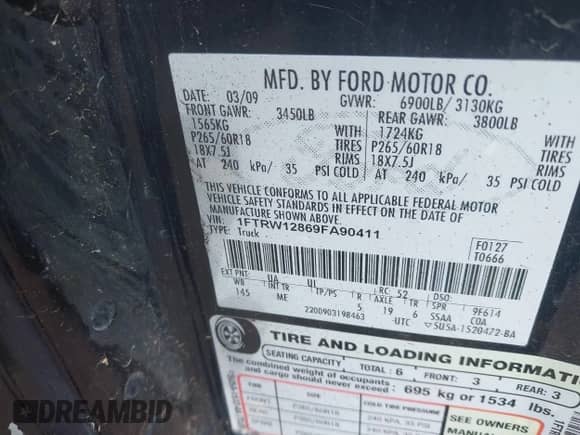 2009 Ford F-150 XL with VIN 1FTRW12869FA90411, listed as a IAAI auction lot 42533298 with 167,041 mi miles and . Bid and sale history available at DreamBid. Image 9.