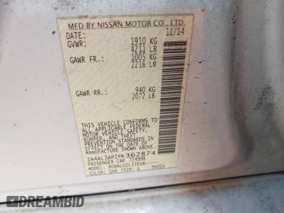 2015 Nissan Altima SL with VIN 1N4AL3AP2FN362874, listed as a IAAI auction lot 42245417 with 138,492 mi miles and . Bid and sale history available at DreamBid. Image 9.