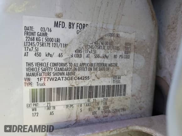 2016 Ford F-250 XL with VIN 1FT7W2AT3GEC44255, listed as a IAAI auction lot 42484962 with 208,366 mi miles and . Bid and sale history available at DreamBid. Image 9.