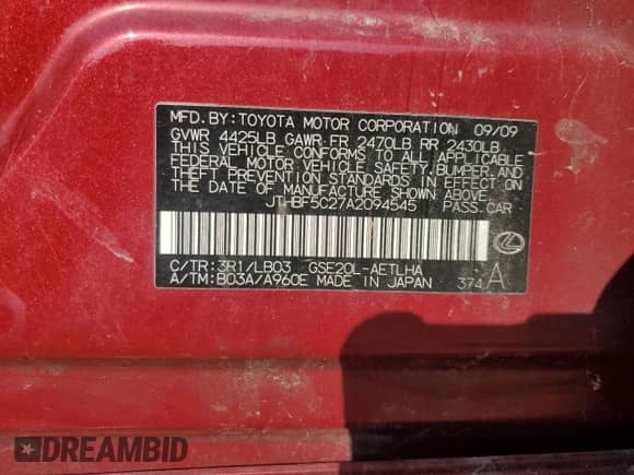 2010 Lexus IS 250 z VIN JTHBF5C27A2094545, wystawiony jako Copart lot #80739005 z przebiegiem Nie podano mil oraz Szkoda całkowita • Salvage title. Historia ofert i sprzedaży dostępna na DreamBid. Obrazek 12.