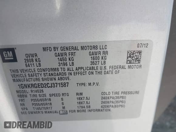 2012 Chevrolet Traverse 1LT with VIN 1GNKRGED2CJ371587, listed as a IAAI auction lot 42928264 with 61,201 mi miles and . Bid and sale history available at DreamBid. Image 9.