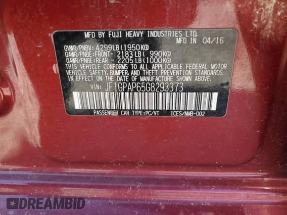 2016 Subaru Impreza Special Sports Premium with VIN JF1GPAP65G8293373, listed as a Copart auction lot 71036655 with 114,792 mi miles and Salvage title. Bid and sale history available at DreamBid. Image 13.