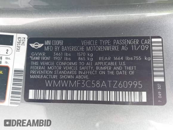 2010 MINI Hardtop with VIN WMWMF3C58ATZ60995, listed as a IAAI auction lot 42454882 with 147,607 mi miles and . Bid and sale history available at DreamBid. Image 9.