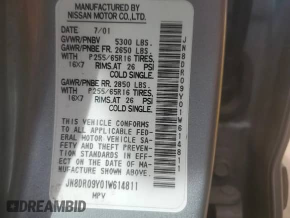 2001 Nissan Pathfinder LE с VIN JN8DR09Y01W614811, выставлен на аукционе Copart как лот 50898765 с пробегом 248 970 миль миль и Списание • Salvage title. История ставок и продаж доступна на DreamBid. Изображение 13.
