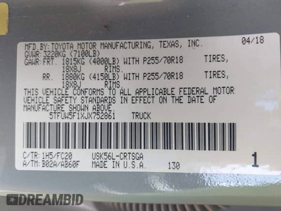 2018 Toyota Tundra SR с VIN 5TFUW5F1XJX752861, выставлен на аукционе IAAI как лот 42443800 с пробегом 72 547 миль миль и . История ставок и продаж доступна на DreamBid. Изображение 9.