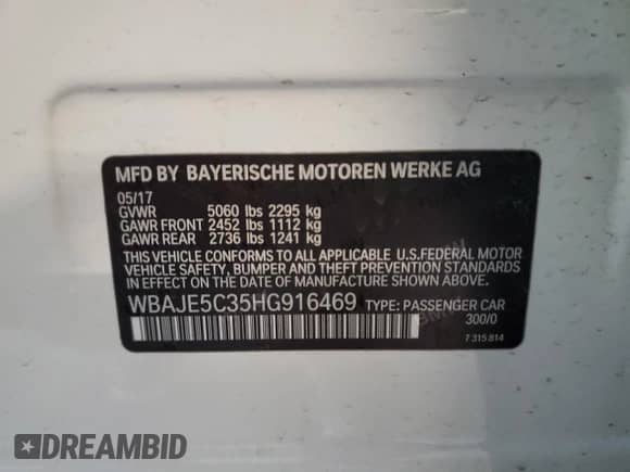 2017 BMW 5 Series 540i с VIN WBAJE5C35HG916469, выставлен на аукционе Copart как лот 82282205 с пробегом 25 241 миль миль и Списание • Salvage title. История ставок и продаж доступна на DreamBid. Изображение 12.