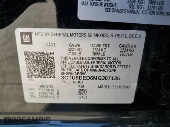 2021 GMC Sierra 1500 SLT with VIN 3GTU9DED6MG307135, listed as a Copart auction lot 80521335 with 62,796 mi miles and Salvage title. Bid and sale history available at DreamBid. Image 12.