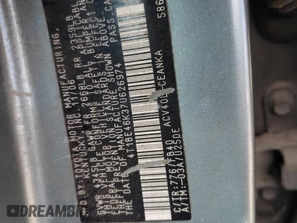 2007 Toyota Camry CE z VIN 4T1BE46K37U626974, wystawiony jako Copart lot #85702815 z przebiegiem 205 224 mil mil oraz Czysty tytuł • Clean title. Historia ofert i sprzedaży dostępna na DreamBid. Obrazek 12.