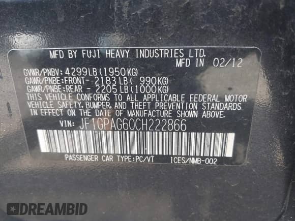 2012 Subaru Impreza Limited с VIN JF1GPAG60CH222866, выставлен на аукционе IAAI как лот 42648660 с пробегом 201 391 миль миль и . История ставок и продаж доступна на DreamBid. Изображение 9.