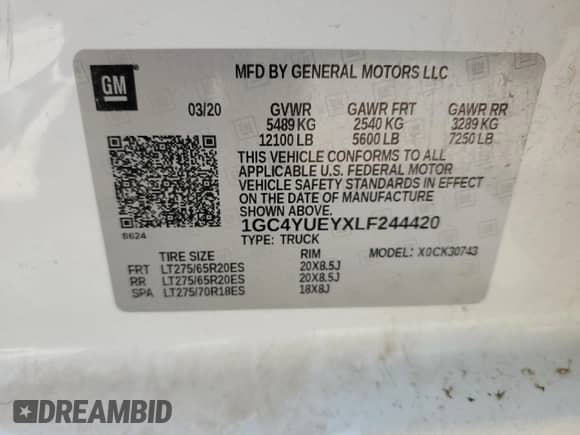 2020 Chevrolet Silverado 3500HD LTZ с VIN 1GC4YUEYXLF244420, выставлен на аукционе Copart как лот 70091495 с пробегом 60 819 миль миль и Списание • Salvage title. История ставок и продаж доступна на DreamBid. Изображение 12.