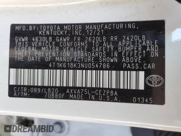 2022 Toyota Camry XSE with VIN 4T1K61BK3NU054786, listed as a Copart auction lot 62758665 with 62,654 mi miles and Salvage title. Bid and sale history available at DreamBid. Image 12.