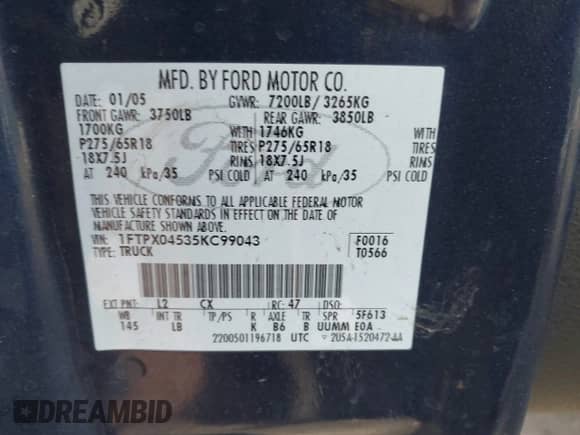 2005 Ford F-150 XLT with VIN 1FTPX04535KC99043, listed as a IAAI auction lot 41662466 with 200,722 mi miles and . Bid and sale history available at DreamBid. Image 9.