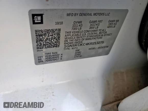 2019 Chevrolet Tahoe Premier с VIN 1GNSKCKC4KR213275, выставлен на аукционе Copart как лот 58864565 с пробегом 83 837 миль миль и Чистый • Clean title. История ставок и продаж доступна на DreamBid. Изображение 13.