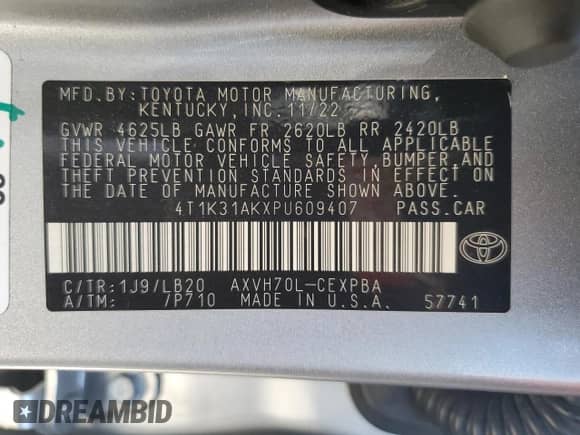 2023 Toyota Camry Hybrid XSE с VIN 4T1K31AKXPU609407, выставлен на аукционе Copart как лот 66486835 с пробегом 26 892 миль миль и Списание • Salvage title. История ставок и продаж доступна на DreamBid. Изображение 13.