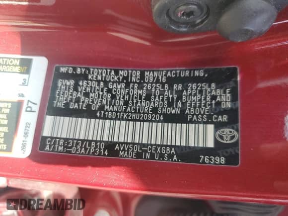 2017 Toyota Camry Hybrid LE z VIN 4T1BD1FK2HU209204, wystawiony jako Copart lot #84877285 z przebiegiem 50 195 mil mil oraz Szkoda całkowita • Salvage title. Historia ofert i sprzedaży dostępna na DreamBid. Obrazek 12.