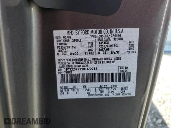 2002 Ford F-150 XL with VIN 1FTRX07222KD72716, listed as a Copart auction lot 70547045 with 267,336 mi miles and Salvage title. Bid and sale history available at DreamBid. Image 12.