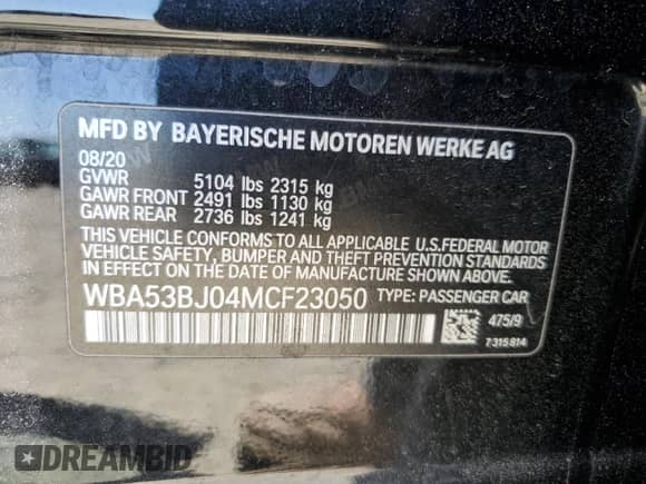 2021 BMW 5 Series 540i with VIN WBA53BJ04MCF23050, listed as a Copart auction lot 57610685 with 39,703 mi miles and Salvage title. Bid and sale history available at DreamBid. Image 13.