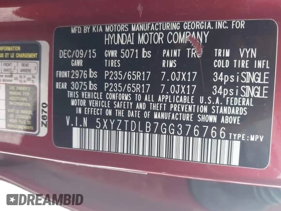 2016 Hyundai Santa Fe с VIN 5XYZTDLB7GG376766, выставлен на аукционе IAAI как лот 43571749 с пробегом 105 931 миль миль и . История ставок и продаж доступна на DreamBid. Изображение 9.