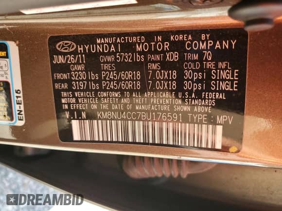 2011 Hyundai Veracruz Limited с VIN KM8NU4CC7BU176591, выставлен на аукционе Copart как лот 81698165 с пробегом 187 987 миль миль и Списание • Salvage title. История ставок и продаж доступна на DreamBid. Изображение 13.
