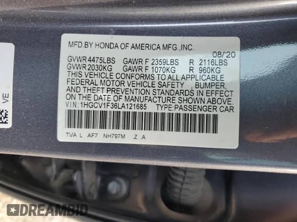 2020 Honda Accord Sport с VIN 1HGCV1F36LA121685, выставлен на аукционе Copart как лот 89871095 с пробегом 84 805 миль миль и Списание • Salvage title. История ставок и продаж доступна на DreamBid. Изображение 12.