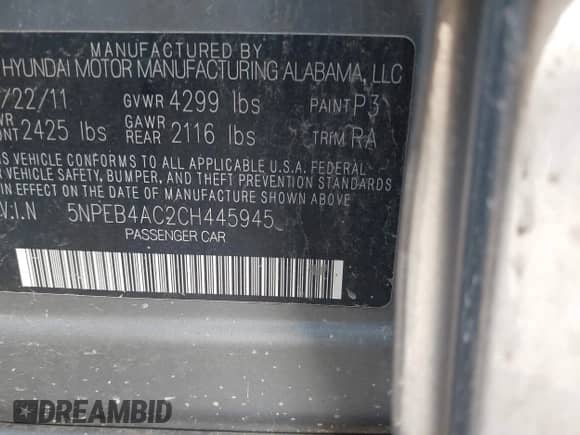 2012 Hyundai Sonata GLS with VIN 5NPEB4AC2CH445945, listed as a IAAI auction lot 43257103 with 69,176 mi miles and . Bid and sale history available at DreamBid. Image 9.