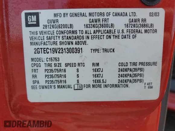 2003 GMC Sierra 1500 SLE with VIN 2GTEC19V231300391, listed as a Copart auction lot 64077725 with 194,727 mi miles and Salvage title. Bid and sale history available at DreamBid. Image 13.