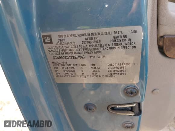 2007 Chevrolet HHR LT с VIN 3GNDA23D47S564043, выставлен на аукционе IAAI как лот 43390136 с пробегом 164 494 миль миль и . История ставок и продаж доступна на DreamBid. Изображение 9.