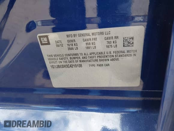 2012 Chevrolet Sonic LS with VIN 1G1JB6SH3C4219108, listed as a IAAI auction lot 42991182 with 73,887 mi miles and . Bid and sale history available at DreamBid. Image 9.