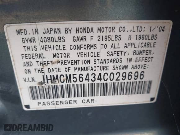 2004 Honda Accord LX с VIN JHMCM56434C029696, выставлен на аукционе IAAI как лот 42703196 с пробегом Не указан миль и . История ставок и продаж доступна на DreamBid. Изображение 9.