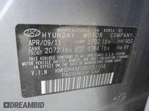 2011 Hyundai Elantra GLS with VIN KMHDH4AE0BU151004, listed as a Copart auction lot 69081305 with 184,668 mi miles and Salvage title. Bid and sale history available at DreamBid. Image 12.