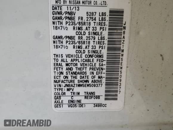 2014 Nissan Murano SL with VIN JN8AZ1MW5EW509377, listed as a Copart auction lot 84922385 with Not provided miles and Salvage title. Bid and sale history available at DreamBid. Image 12.