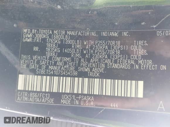 2007 Toyota Tundra SR5 z VIN 5TBET54107S454598, wystawiony jako IAAI lot #42558681 z przebiegiem 309 838 mil mil oraz . Historia ofert i sprzedaży dostępna na DreamBid. Obrazek 9.