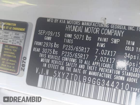 2016 Hyundai Santa Fe z VIN 5XYZTDLB9GG344210, wystawiony jako IAAI lot #42860369 z przebiegiem 119 201 mil mil oraz . Historia ofert i sprzedaży dostępna na DreamBid. Obrazek 9.