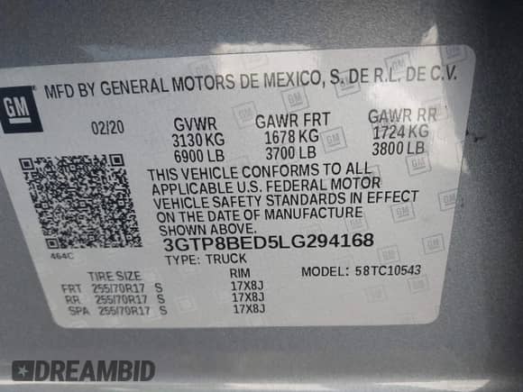 2020 GMC Sierra 1500 SLE with VIN 3GTP8BED5LG294168, listed as a IAAI auction lot 41250703 with 116,668 mi miles and . Bid and sale history available at DreamBid. Image 9.