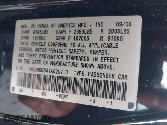 2007 Honda Accord EX-L with VIN 1HGCM66847A020713, listed as a IAAI auction lot 43179996 with 155,768 mi miles and . Bid and sale history available at DreamBid. Image 9.