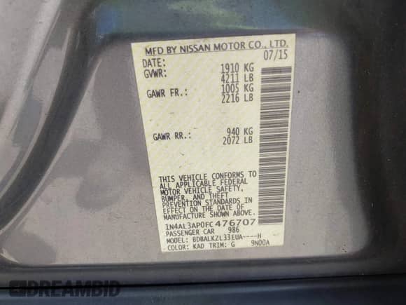 2015 Nissan Altima S с VIN 1N4AL3AP0FC476707, выставлен на аукционе IAAI как лот 43011300 с пробегом 76 790 миль миль и . История ставок и продаж доступна на DreamBid. Изображение 9.