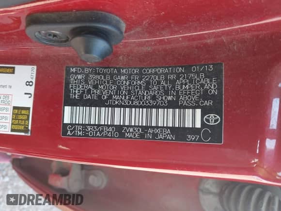 2013 Toyota Prius One with VIN JTDKN3DU8D0339703, listed as a IAAI auction lot 42993106 with 26,604 mi miles and . Bid and sale history available at DreamBid. Image 9.