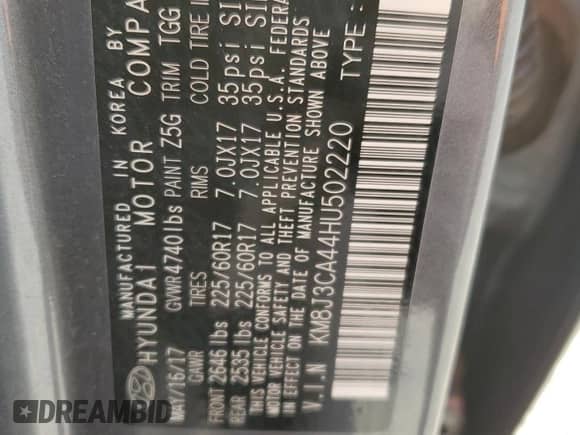 2017 Hyundai Tucson SE with VIN KM8J3CA44HU502220, listed as a Copart auction lot 80122085 with 121,120 mi miles and Salvage title. Bid and sale history available at DreamBid. Image 14.