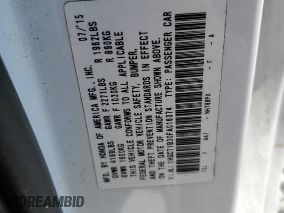 2015 Honda Accord LX-S с VIN 1HGCT1B30FA016074, выставлен на аукционе Copart как лот 70422295 с пробегом 114 512 миль миль и Списание • Salvage title. История ставок и продаж доступна на DreamBid. Изображение 12.