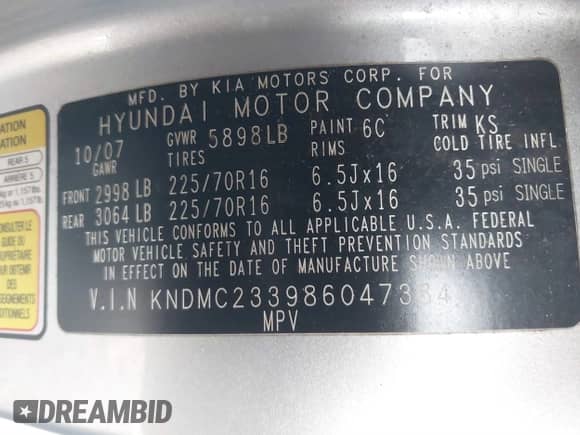 2008 Hyundai Entourage GLS с VIN KNDMC233986047384, выставлен на аукционе IAAI как лот 41427015 с пробегом 222 411 миль миль и . История ставок и продаж доступна на DreamBid. Изображение 9.