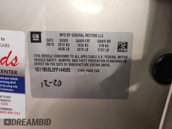 2015 Chevrolet Malibu LS with VIN 1G11B5SL2FF144585, listed as a Copart auction lot 89638735 with 70,064 mi miles and Salvage title. Bid and sale history available at DreamBid. Image 12.