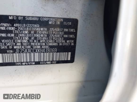 2019 Subaru Forester with VIN JF2SKACCXKH478169, listed as a IAAI auction lot 43424319 with 88,408 mi miles and . Bid and sale history available at DreamBid. Image 9.