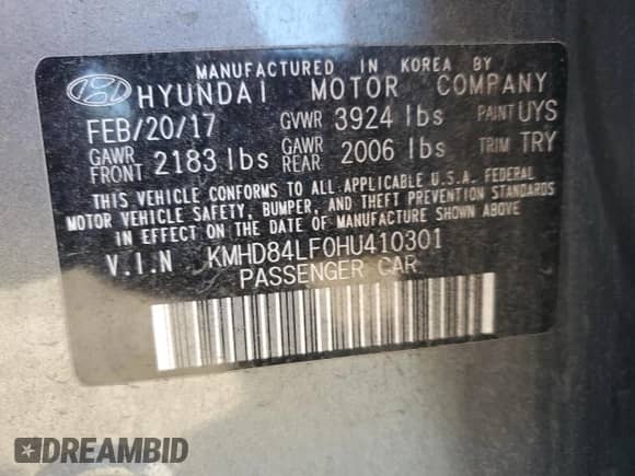 2017 Hyundai Elantra Limited with VIN KMHD84LF0HU410301, listed as a Copart auction lot 89528605 with 161,023 mi miles and Salvage title. Bid and sale history available at DreamBid. Image 12.