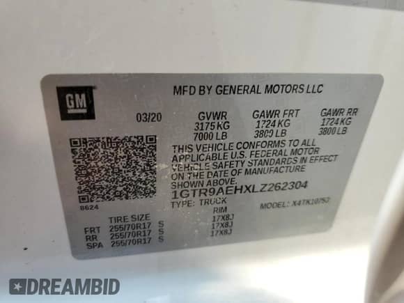 2020 GMC Sierra 1500 with VIN 1GTR9AEHXLZ262304, listed as a Copart auction lot 63789324 with 66,076 mi miles and Salvage title. Bid and sale history available at DreamBid. Image 12.