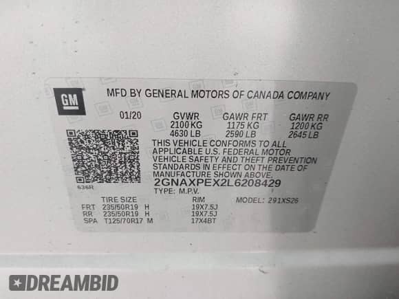 2020 Chevrolet Equinox Premier с VIN 2GNAXPEX2L6208429, выставлен на аукционе IAAI как лот 42501980 с пробегом Не указан миль и . История ставок и продаж доступна на DreamBid. Изображение 9.