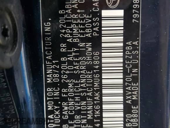 2021 Toyota Camry XSE with VIN 4T1K61AK1MU614806, listed as a Copart auction lot 70530875 with 121,057 mi miles and Salvage title. Bid and sale history available at DreamBid. Image 12.