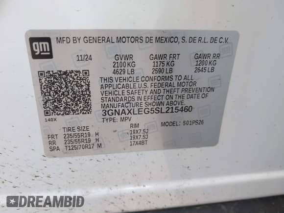 2025 Chevrolet Equinox FWD RS with VIN 3GNAXLEG5SL215460, listed as a IAAI auction lot 41701781 with 4,274 mi miles and . Bid and sale history available at DreamBid. Image 9.