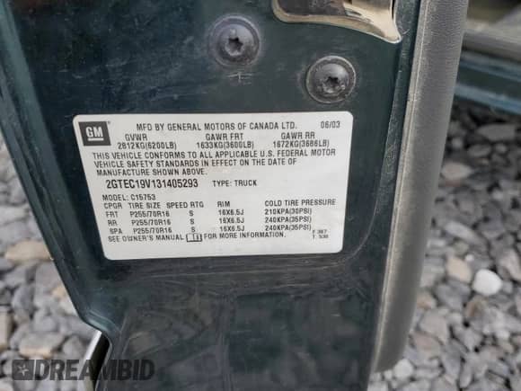 2003 GMC Sierra 1500 z VIN 2GTEC19V131405293, wystawiony jako Copart lot #72332904 z przebiegiem 71 168 mil mil oraz Szkoda całkowita • Salvage title. Historia ofert i sprzedaży dostępna na DreamBid. Obrazek 13.