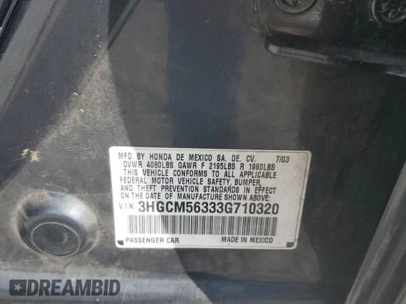 2003 Honda Accord LX с VIN 3HGCM56333G710320, выставлен на аукционе Copart как лот 85539235 с пробегом 198 899 миль миль и Списание • Salvage title. История ставок и продаж доступна на DreamBid. Изображение 12.